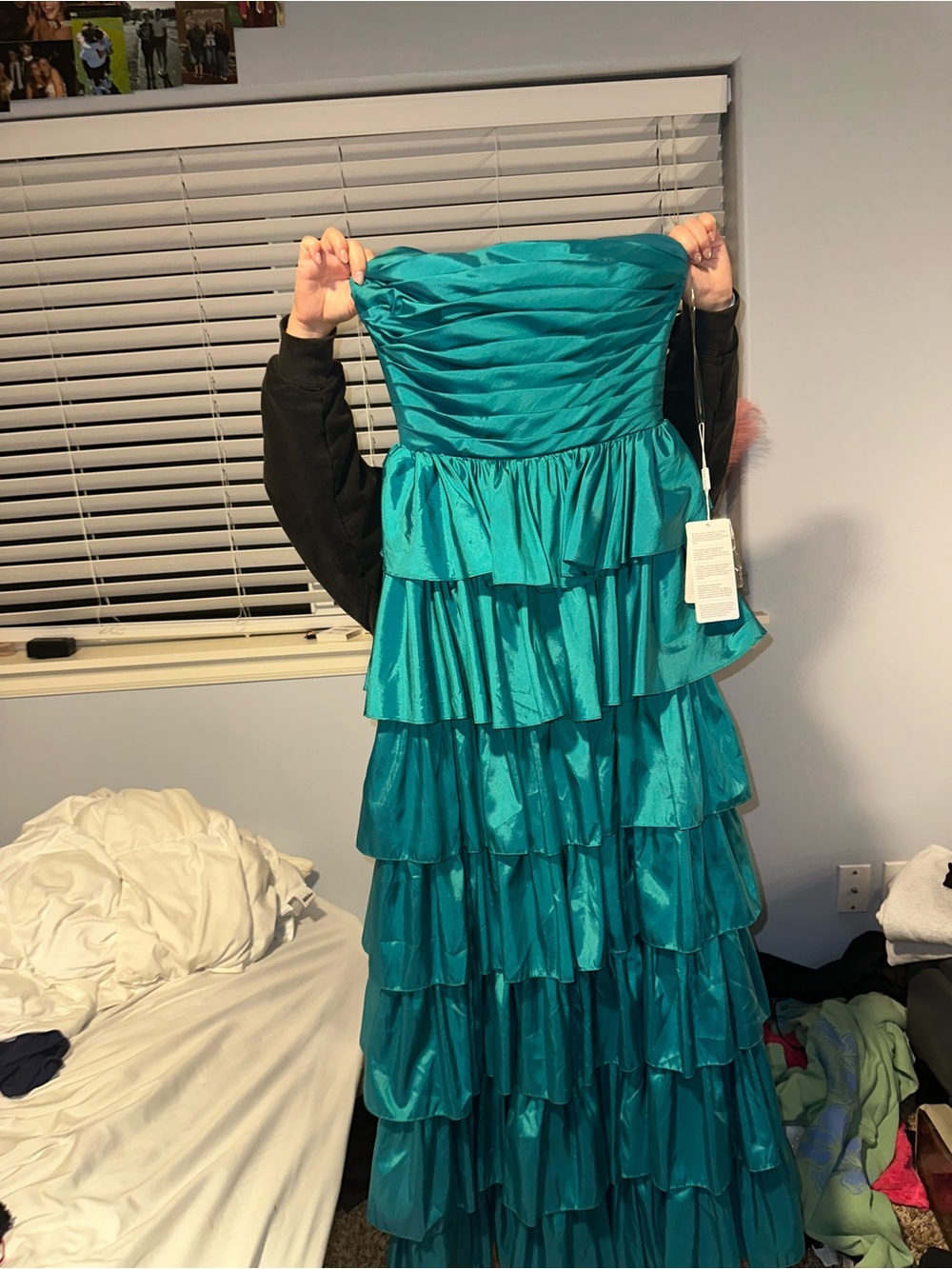 Strapless Teal Tiered Ruffle Gown